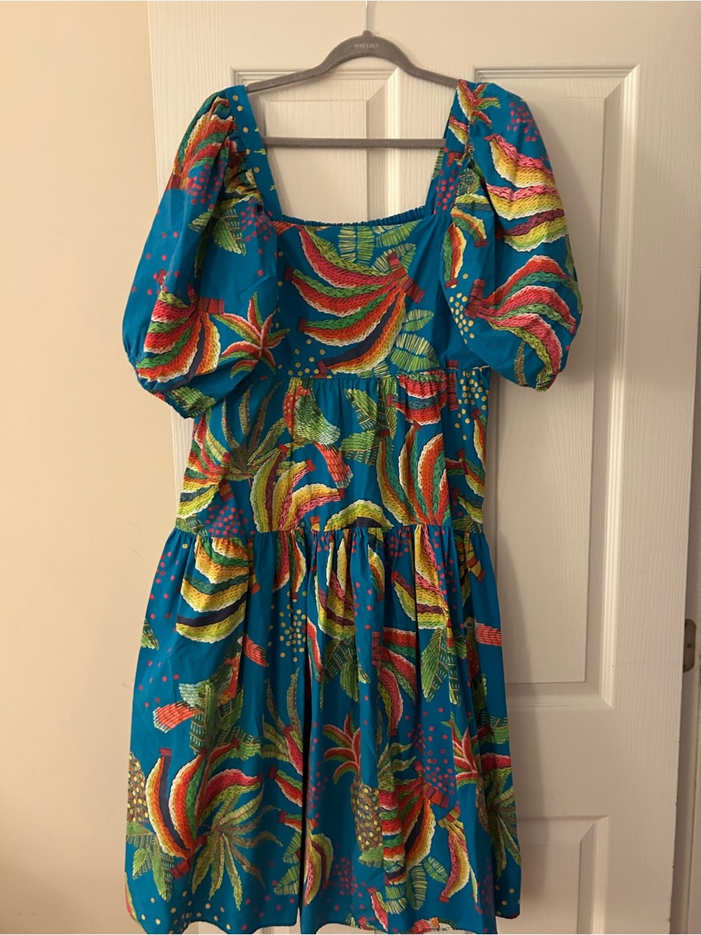 FARM Rio Turquoise Tropical Puff-Sleeve Midi Dress